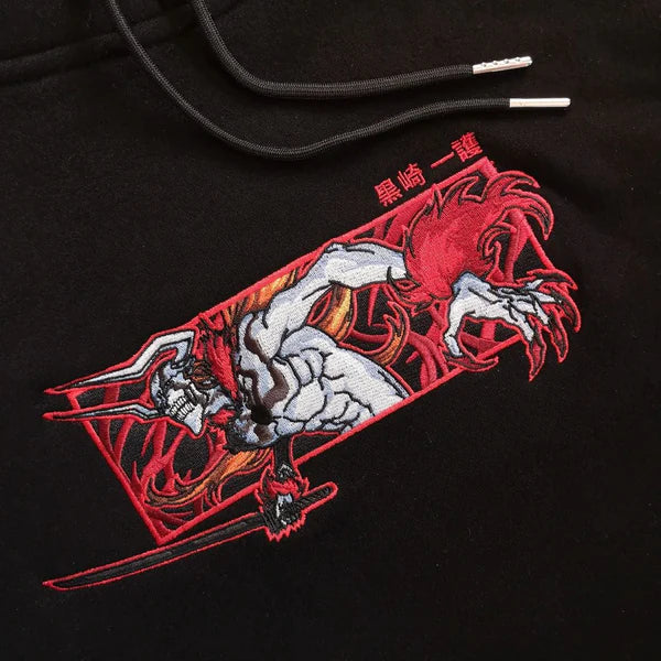 Hollow Transformation: Ichigo Kurosaki Bleach Anime Embroidered Hoodie Collection.