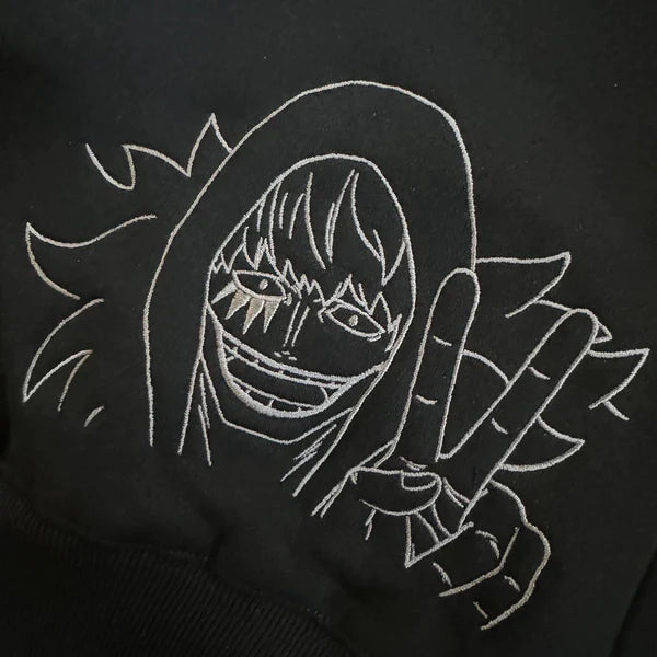 Dressrosa Showdown: Doflamingo vs. Luffy and Law Embroidered Hoodie.