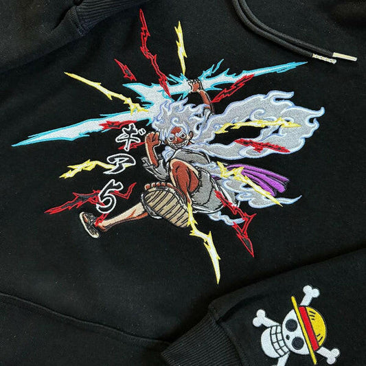 Monkey D. Luffy "Gear 5" One Piece Anime Embroidered BLACK Hoodie Collection.