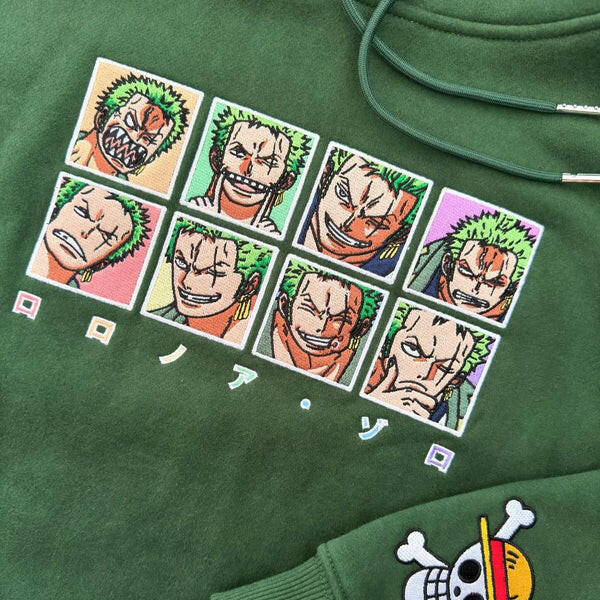 Exclusive Zoro Expression Hoodie: Authentic One Piece Anime Apparel for Fans.