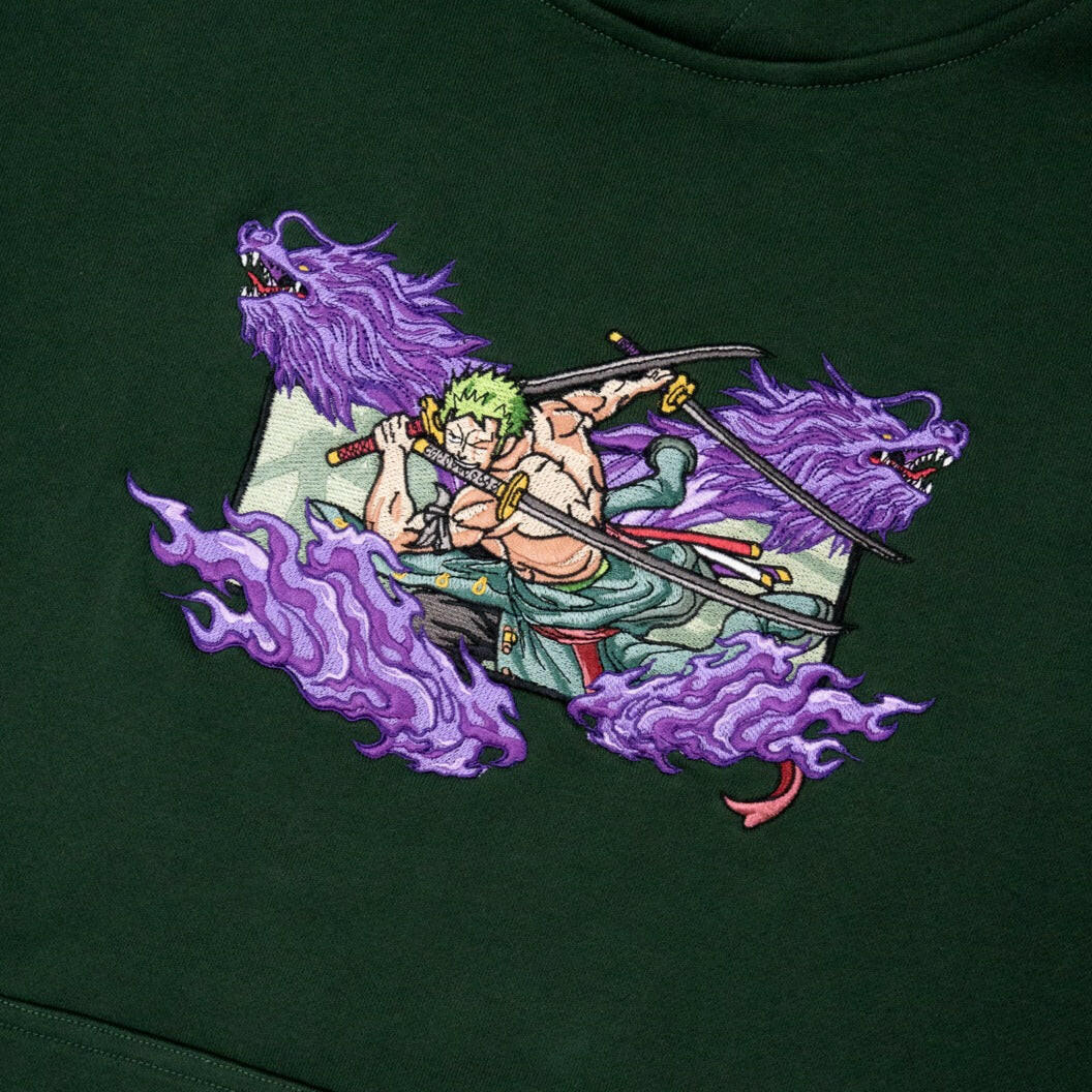 Roronoa Zoro: King of Hell One Piece Anime Embroidered Hoodie Collection.