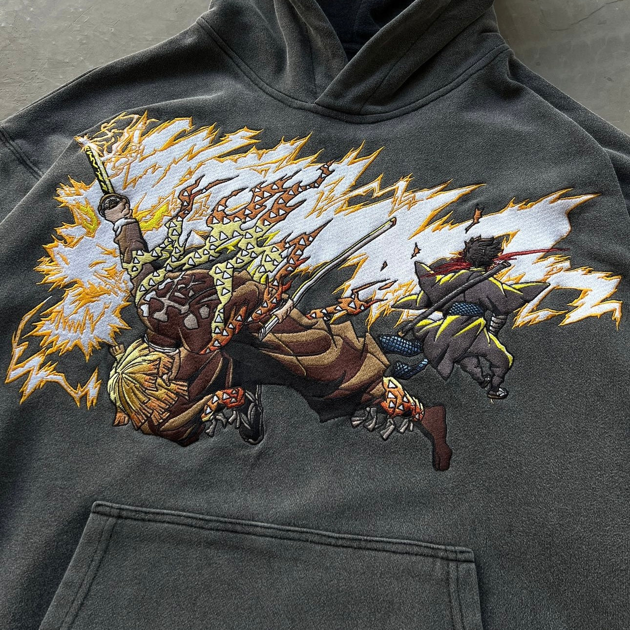 Zenitsu the "Flaming Thunder God" Acid Wash Embroidered Hoodie