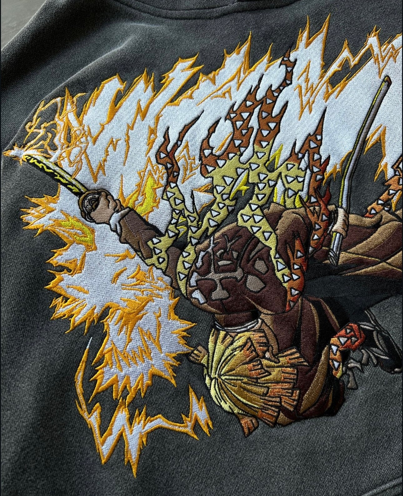 Zenitsu the "Flaming Thunder God" Acid Wash Embroidered Hoodie