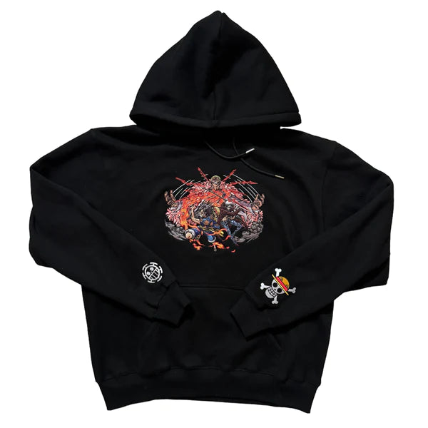 Dressrosa Showdown: Doflamingo vs. Luffy and Law Embroidered Hoodie.